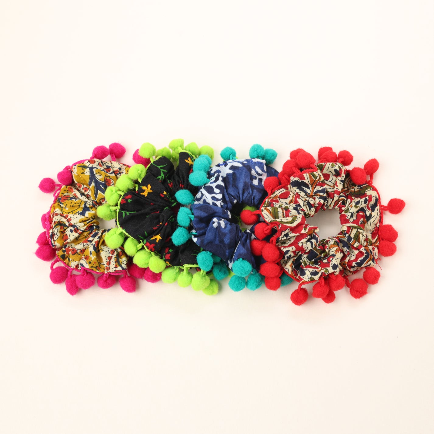 Choko 4- Pack Pom Pom Ethnic Printed Scrunchies for Girls - Multicolor Hair Ties for Women & Girls