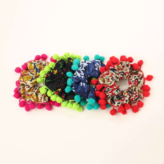 Choko 4- Pack Pom Pom Ethnic Printed Scrunchies for Girls - Multicolor Hair Ties for Women & Girls