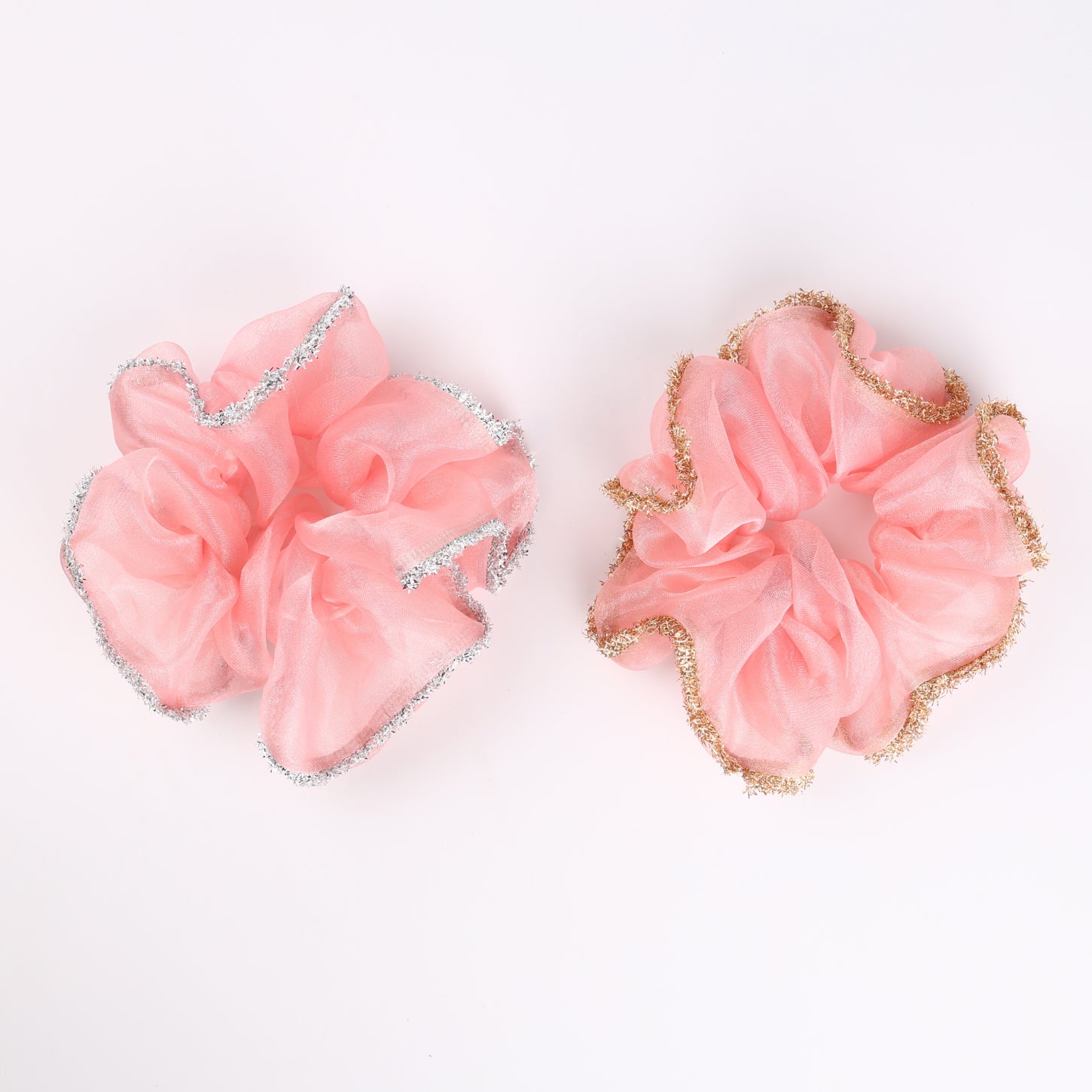 Choko 2- Pack Peach Organza Scrunchies with Silver & Gold Shimmer Trim for Girls & Women