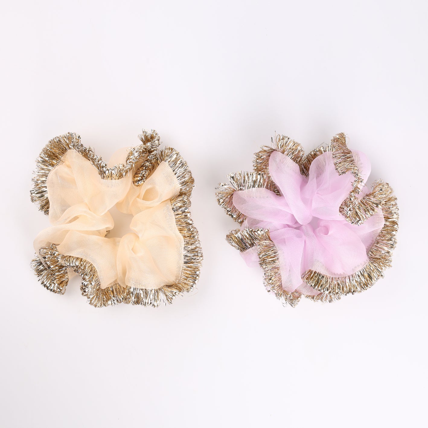 Choko 2- Pack Organza Scrunchies with Gold Fringe Trim for Girls & Women - Peach & Lavender