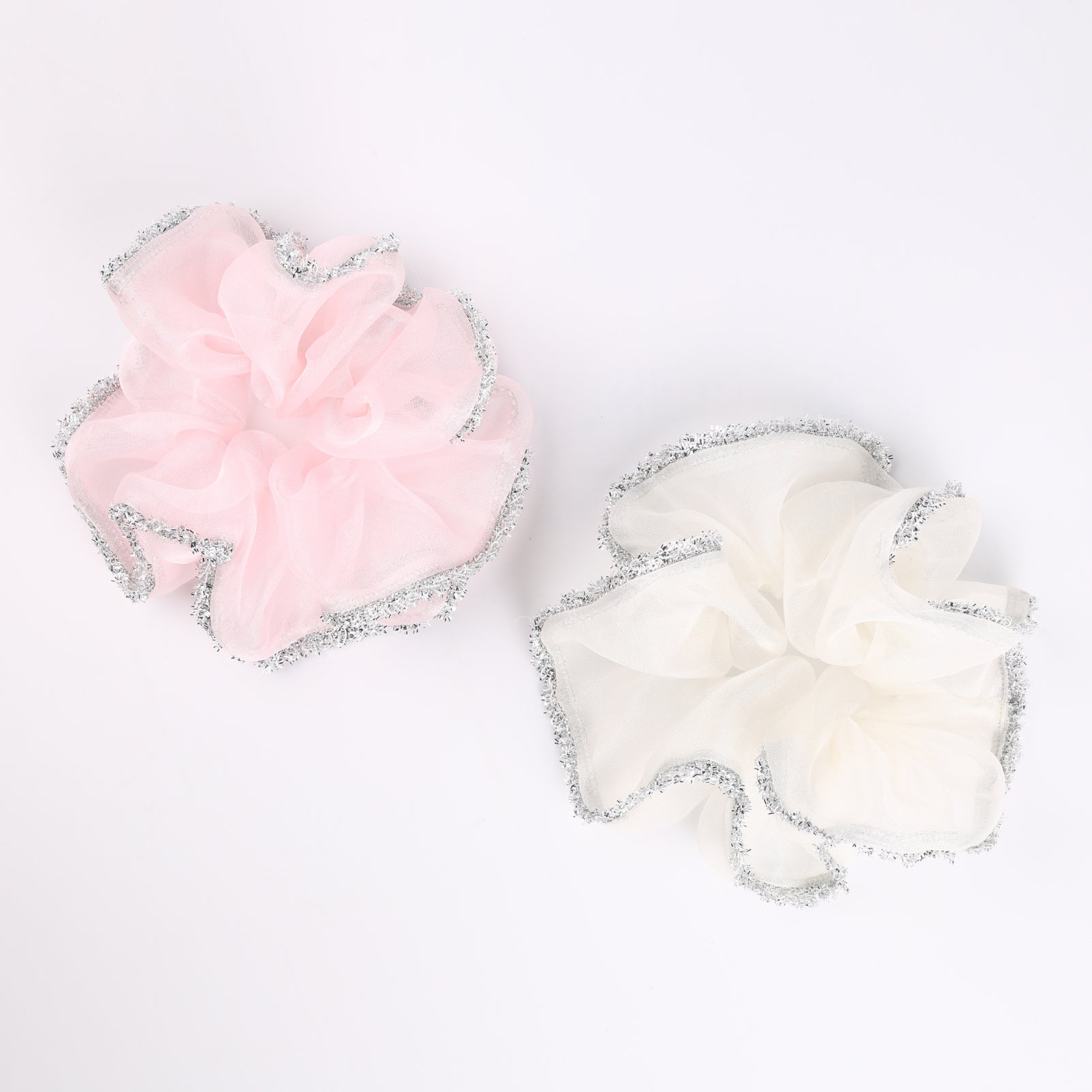 Choko 2- Pack Organza Scrunchies with Silver Shimmer Trim for Girls & Women - Pink & White