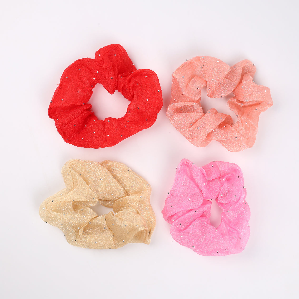 Choko Girls Set of 4 Shimmer Stone Studded Hair Scrunchies - Red, Beige, Pink