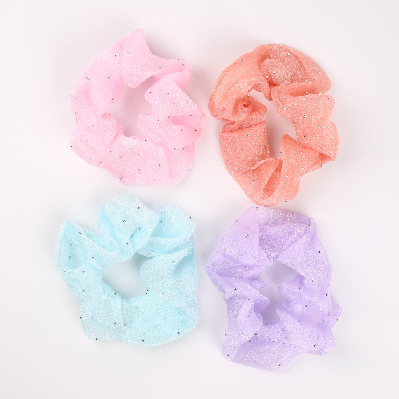 Choko Girls Set of 4 Pastel Iridescent Stone Studded Hair Scrunchies - Sky, Black, White