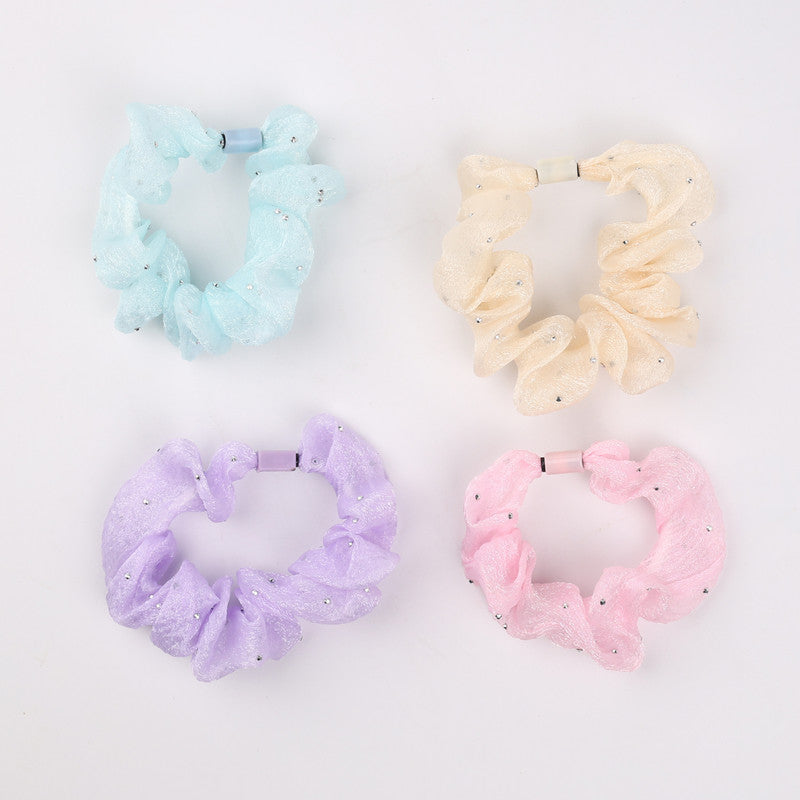 Choko 4 Pcs Pastel Net Scrunchie Set with Sparkle Bead Accents for Girls - Pink, Blue, Cream & Lavender | Kids Hair Accessory