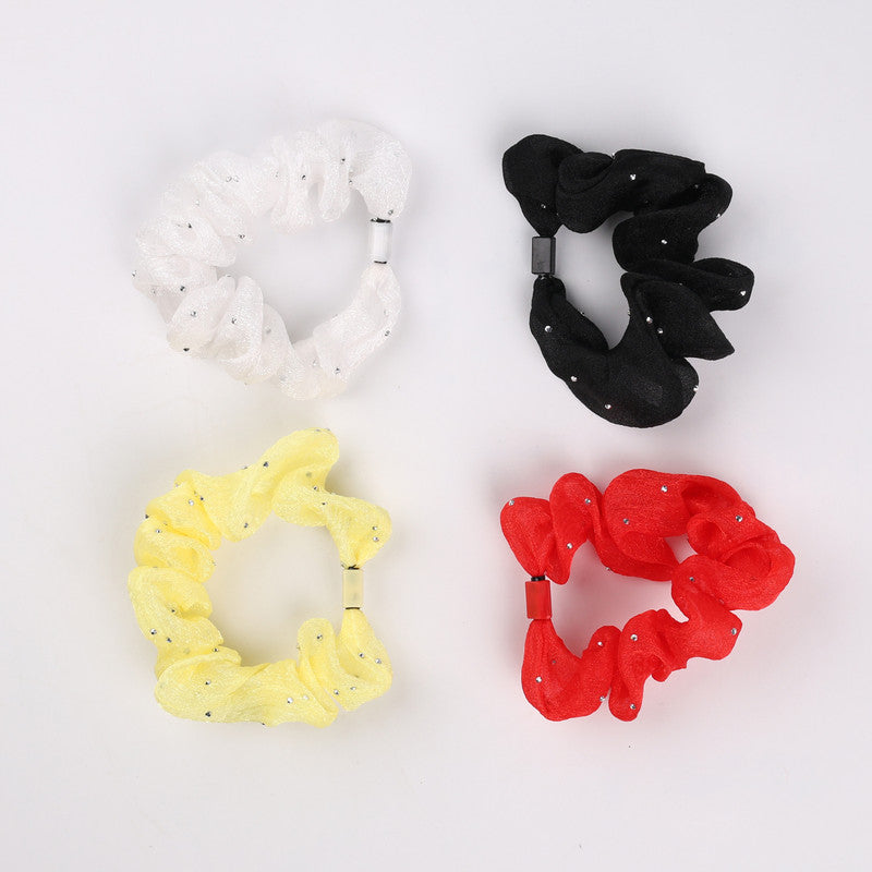 Choko 4 Pcs Lightweight Net Scrunchie Set with Sparkle Bead Detailing - Black, Red, Yellow & White - Kids Hair Accessory