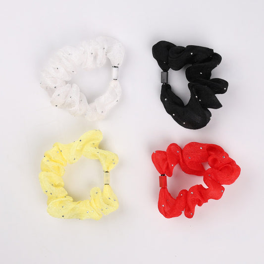 Choko 4 Pcs Lightweight Net Scrunchie Set with Sparkle Bead Detailing - Black, Red, Yellow & White - Kids Hair Accessory