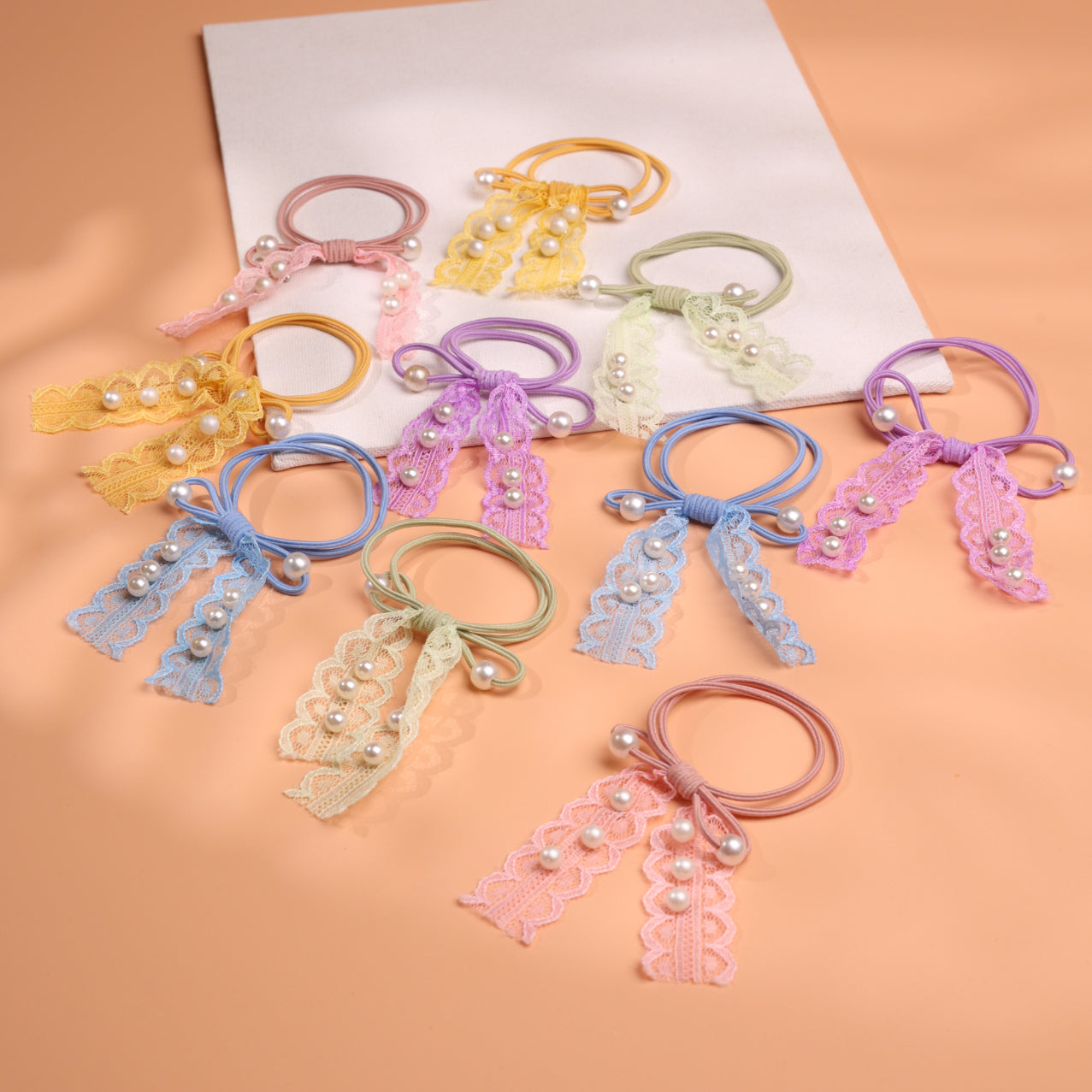 Choko 10- Pack Lace Bow Hair Ties with Pearls for Toddlers & Kids - Pastel Elastic Bands - Multicolor, Purple, Blue