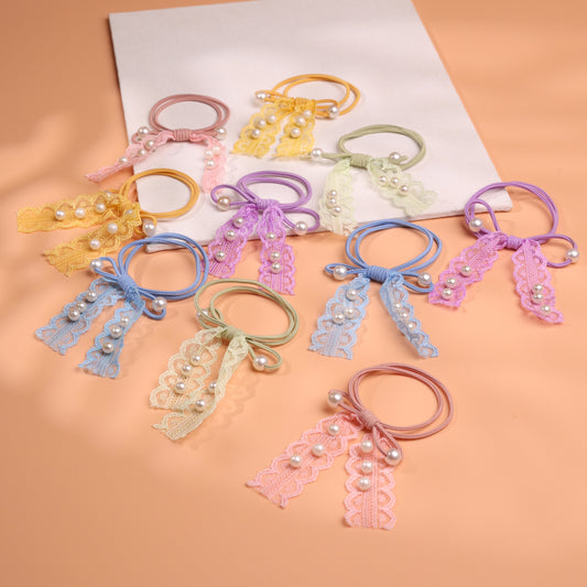 Choko 10- Pack Lace Bow Hair Ties with Pearls for Toddlers & Kids - Pastel Elastic Bands - Multicolor, Purple, Blue