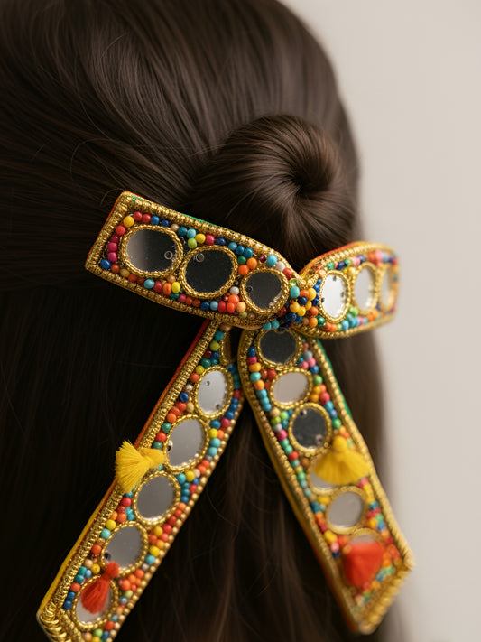Choko Mirrorwork Bow Hair Clip Multicolor with Beaded Tassel for Girls - Ethnic Style