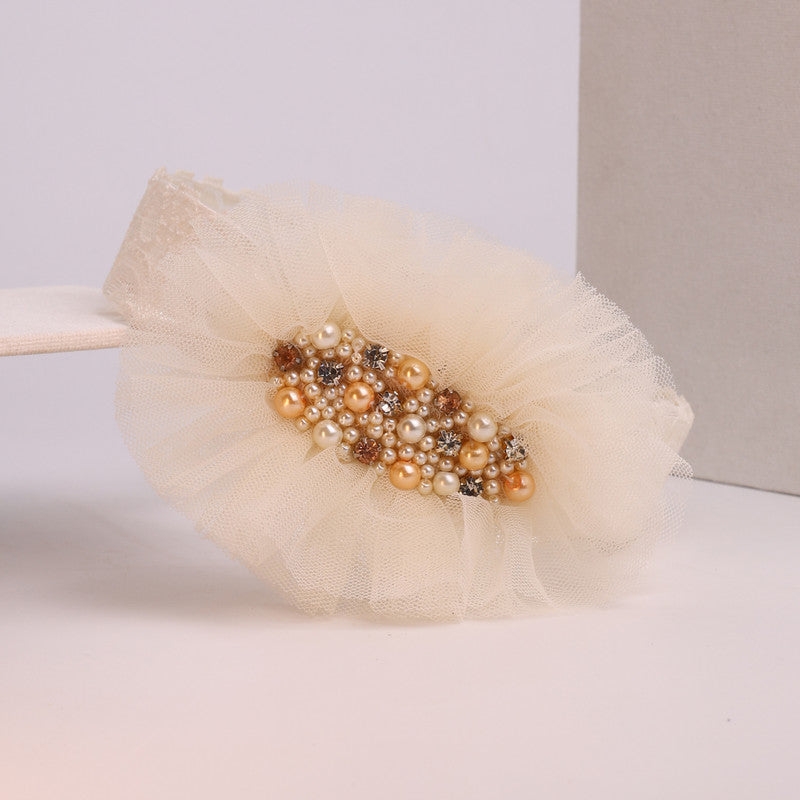 Choko Babies Headband with Tulle Ruffle & Mixed Pearls - Kids Accessories - Cream - Peach, Gold, Off White