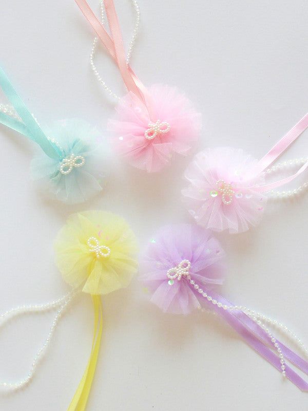 Choko Pastel Tulle Pom Clips with Pearl Bow Detail for Girls - Multicolor - Pink, Yellow, Purple
