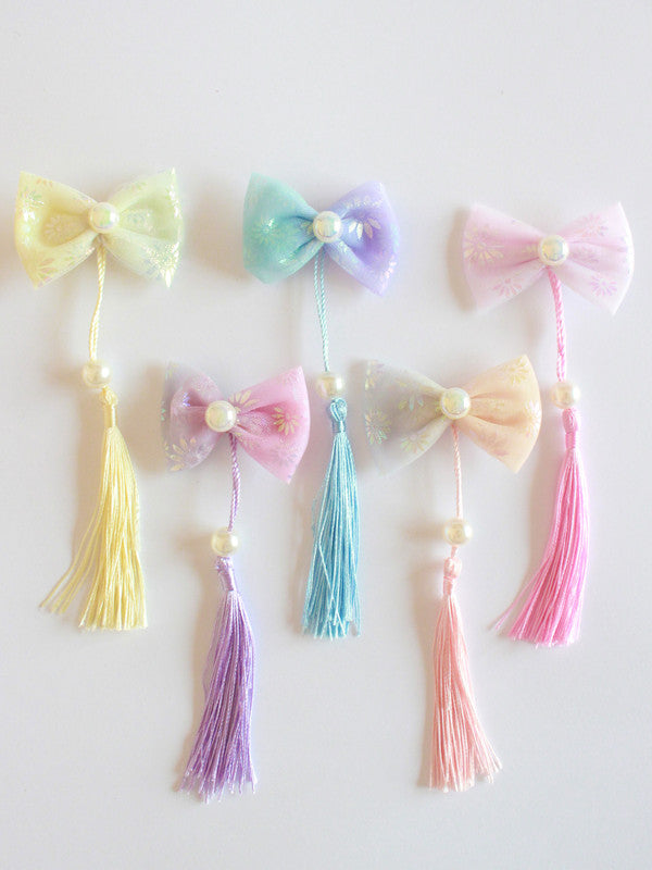 Choko Girls Alligator Clip with Satin Bow & Tassel - Kids Accessory - Multicolor - Pink, Yellow, Purple
