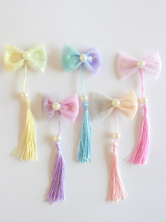 Choko Girls Alligator Clip with Satin Bow & Tassel - Kids Accessory - Multicolor - Pink, Yellow, Purple