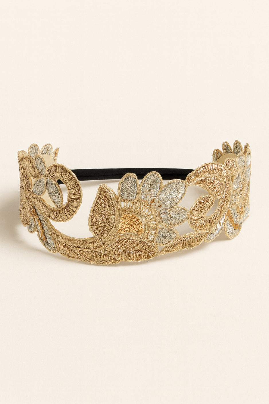 Choko Golden Embroidered Floral Lace Headband for Girls with Silver Accents, Elegant Party Wear