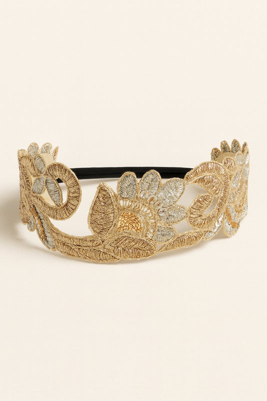 Choko Golden Embroidered Floral Lace Headband for Girls with Silver Accents, Elegant Party Wear