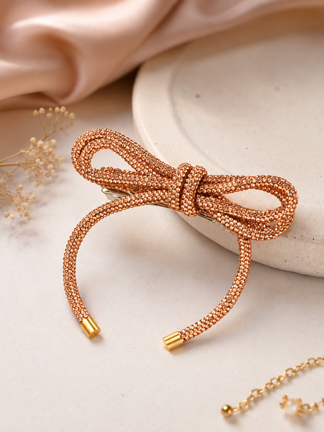 Choko Elegant Barrette Hair Clip for Women - Rose Gold Crystal Bow Accessory for Office & Events