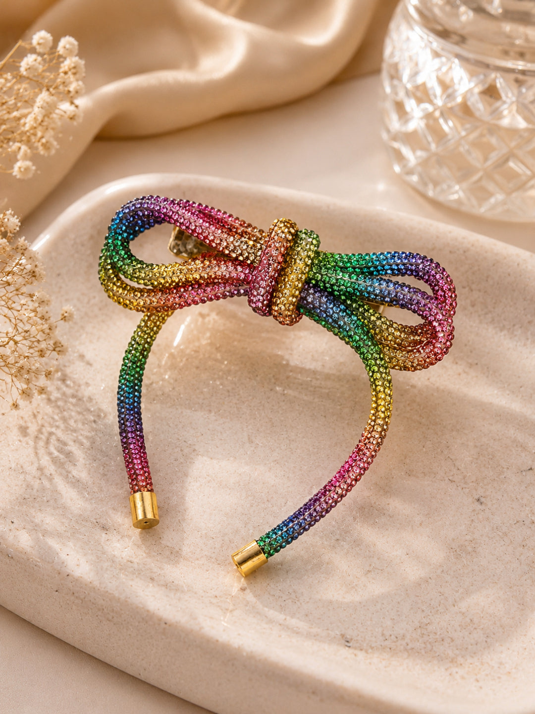 Choko Rainbow Barrette Hair Clip for Women - 1 Pc Crystal Bow Statement Clip for Bold Styling - Multicolor, Gold, Pink