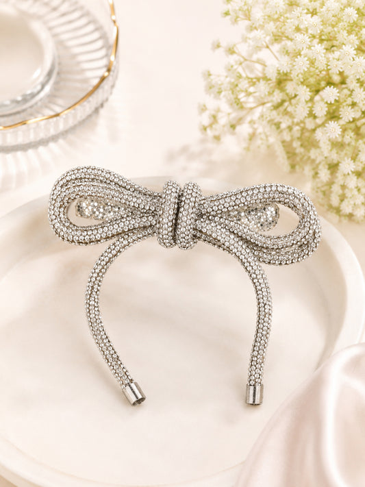 Choko Silver Barrette Hair Clip for Women - 1 Pc Crystal Bow Clip for Elegant Evening Styling