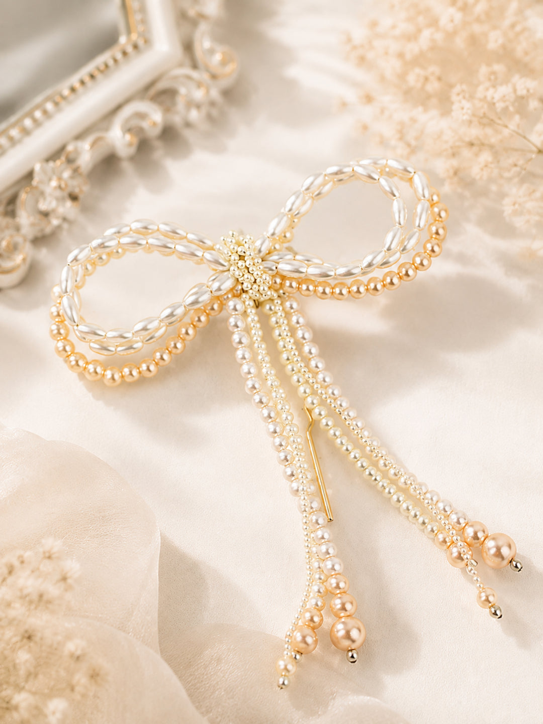 Choko Elegant Pearl Bow Hair Pin - Single Statement Clip for Brides, Parties & Ethnic Looks for Girls - White, Gold, Cream