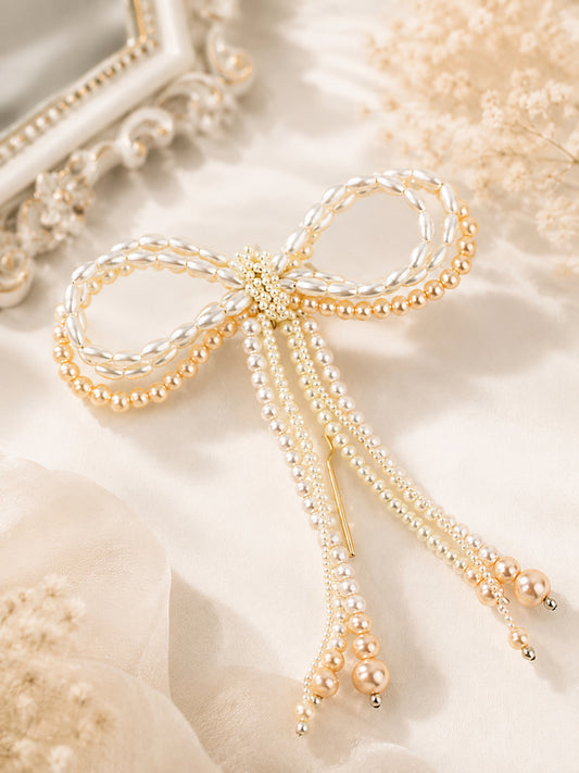 Choko Elegant Pearl Bow Hair Pin - Single Statement Clip for Brides, Parties & Ethnic Looks for Girls - White, Gold, Cream