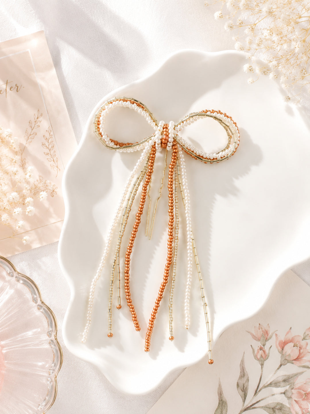 Choko Shimmery Beaded Bow Hair Pin - 1 Pc Statement Hair Accessory for Women's Party & Festive Wear - Gold, Copper, White