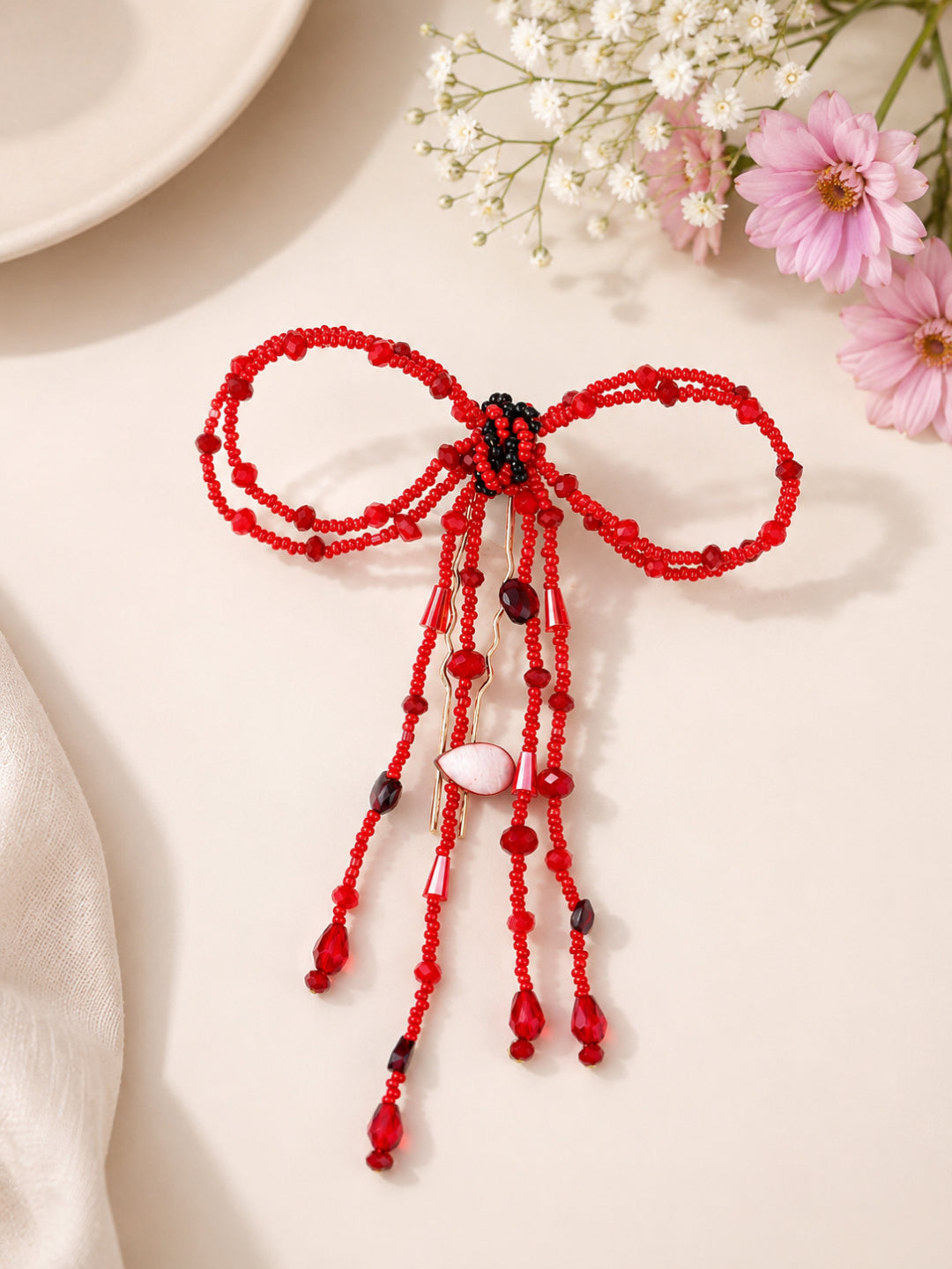 Choko Bold Red Beaded Bow Hair Pin - 1 Pc Handmade Festive Hair Accessory for Women