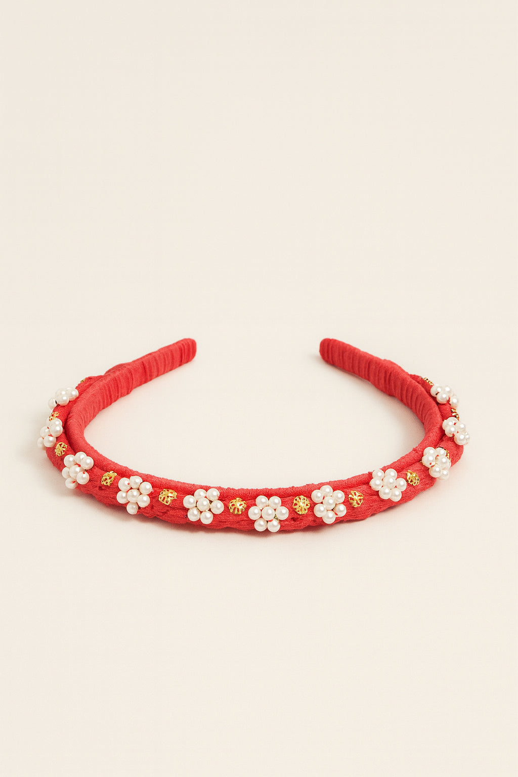 Choko Red Fabric Hair Band for Girls with White Floral Embellishments and Gold Accents, Party Ready