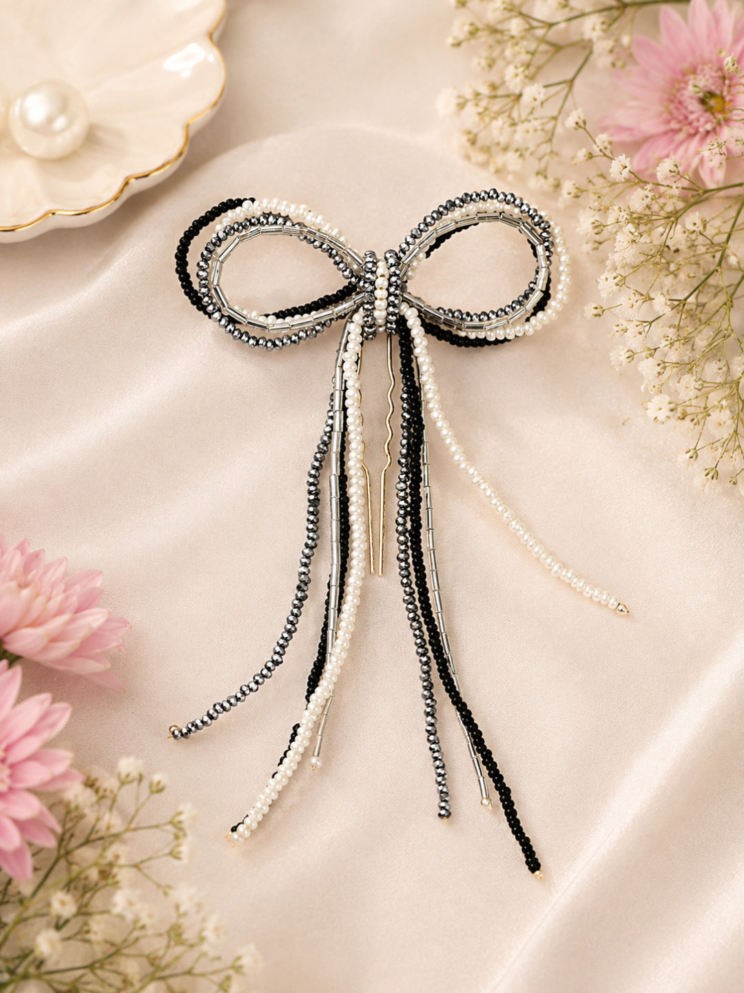 Choko Black & White Beaded Bow Hair Pin - 1 Pc Elegant Handmade Clip for Women's Hairstyles
