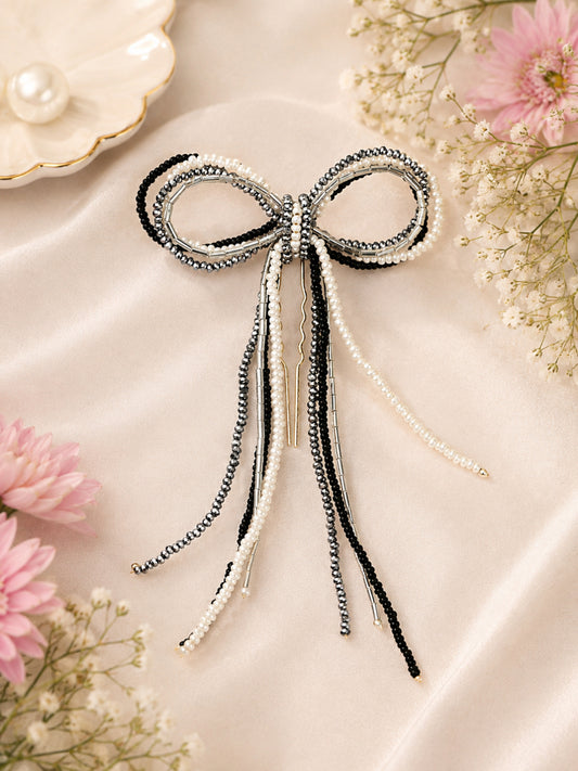Choko Black & White Beaded Bow Hair Pin - 1 Pc Elegant Handmade Clip for Women's Hairstyles