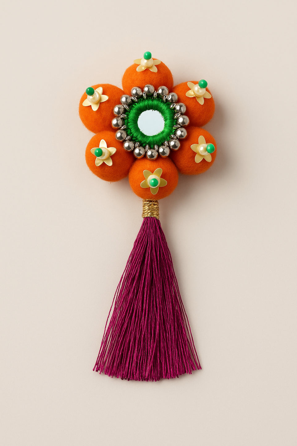 Choko Orange Floral Hair Clip with Magenta Tassel - Handmade Traditional Accessory for Girls