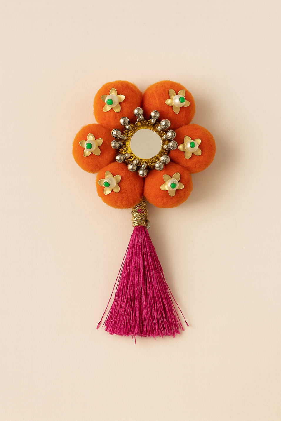 Choko Orange Flower Hair Clip with Pink Tassel - Ethnic Handmade Hair Accessory for Girls