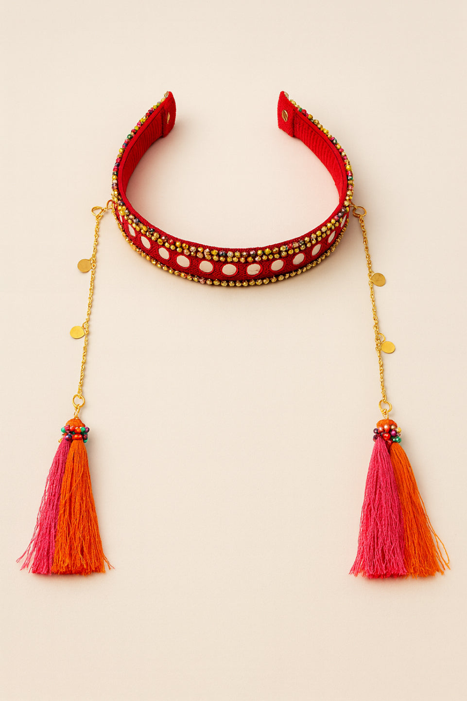 Choko Traditional Red Hair Band with Tassel Charms & Golden Chain - Ethnic Festive Look for Girls