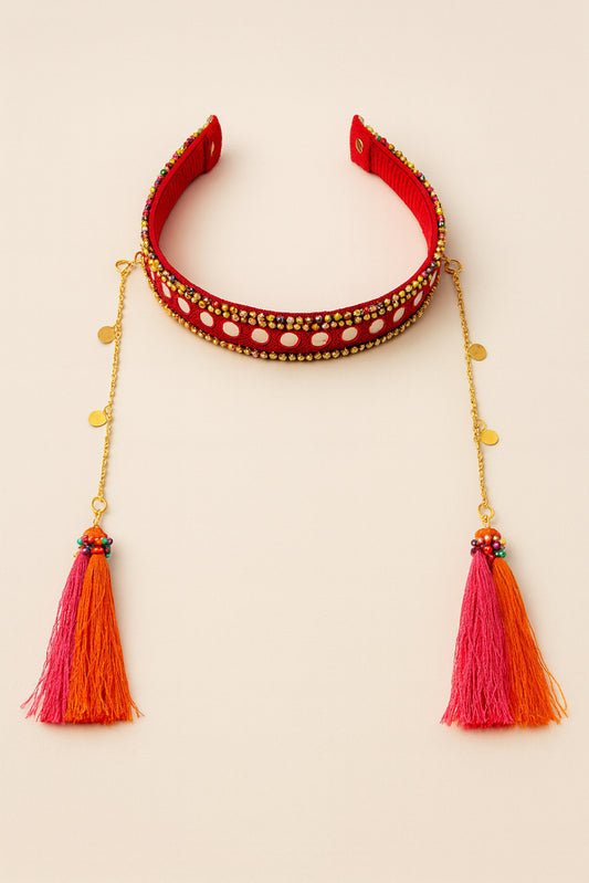 Choko Traditional Red Hair Band with Tassel Charms & Golden Chain - Ethnic Festive Look for Girls