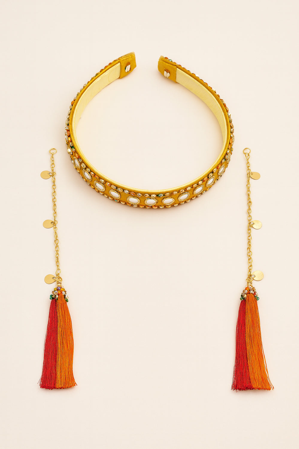 Choko Yellow Hair Band with Mirror Work, Tassels & Chain - Traditional Ethnic Accessory for Girls