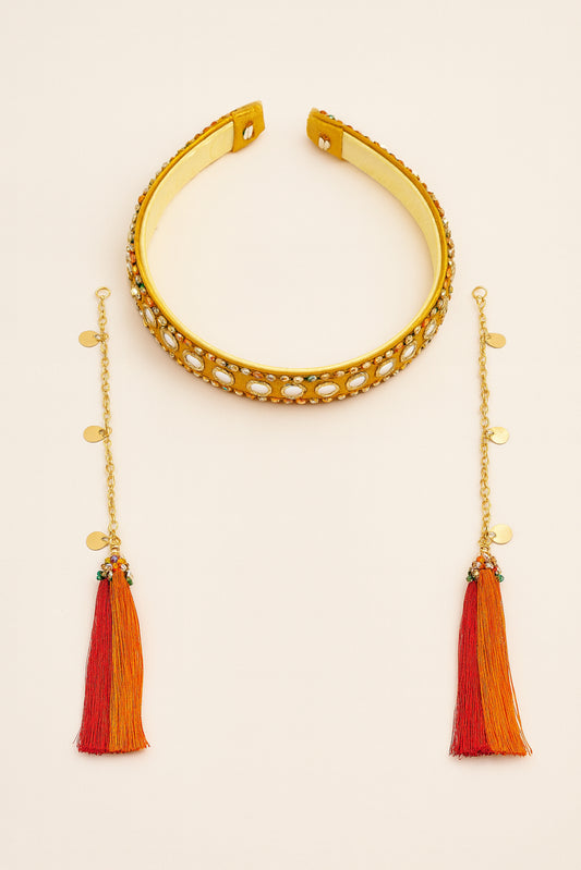 Choko Yellow Hair Band with Mirror Work, Tassels & Chain - Traditional Ethnic Accessory for Girls