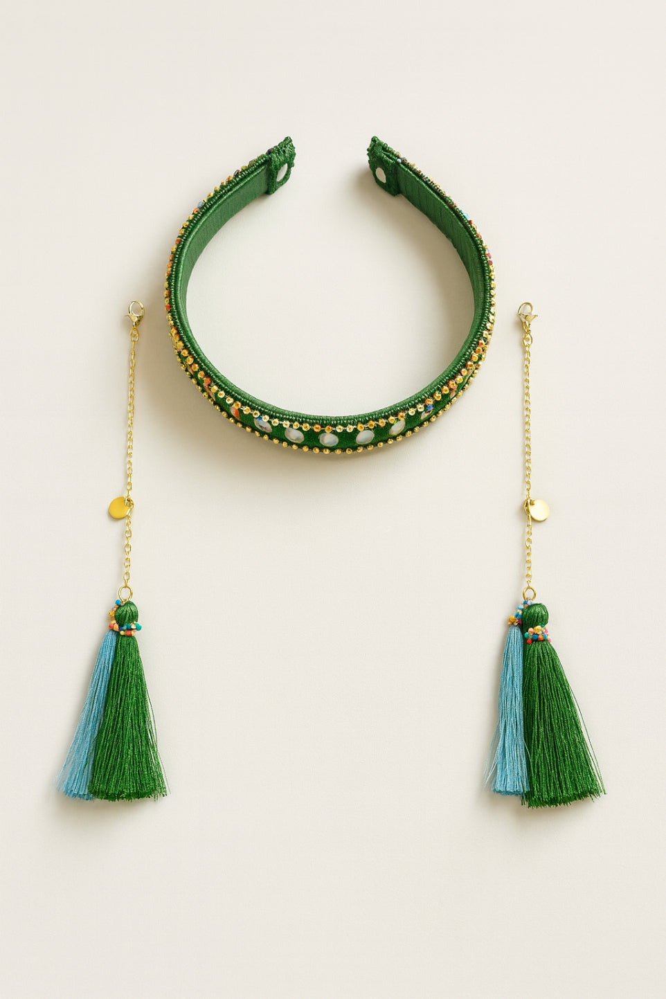 Choko Green Ethnic Hair Band with Tassels & Mirror Chain - Festive Traditional Headband for Girls