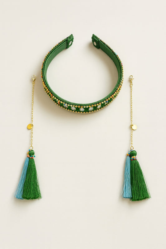 Choko Green Ethnic Hair Band with Tassels & Mirror Chain - Festive Traditional Headband for Girls