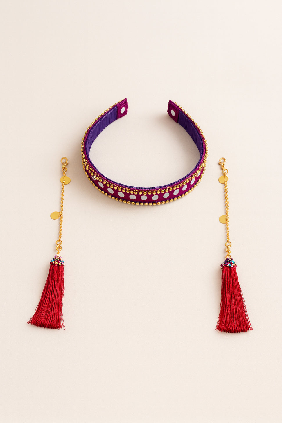 Choko Purple Embroidered Hair Band with Golden Tassels and Red Threads for Girls
