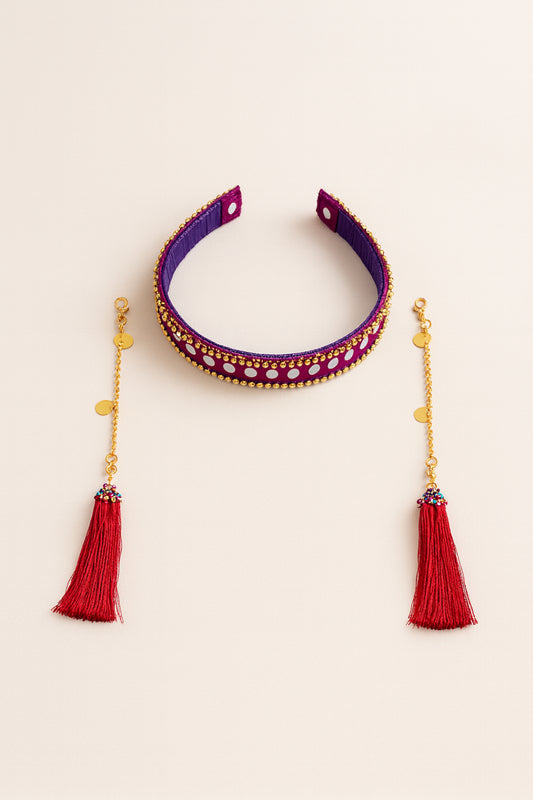 Choko Purple Embroidered Hair Band with Golden Tassels and Red Threads for Girls