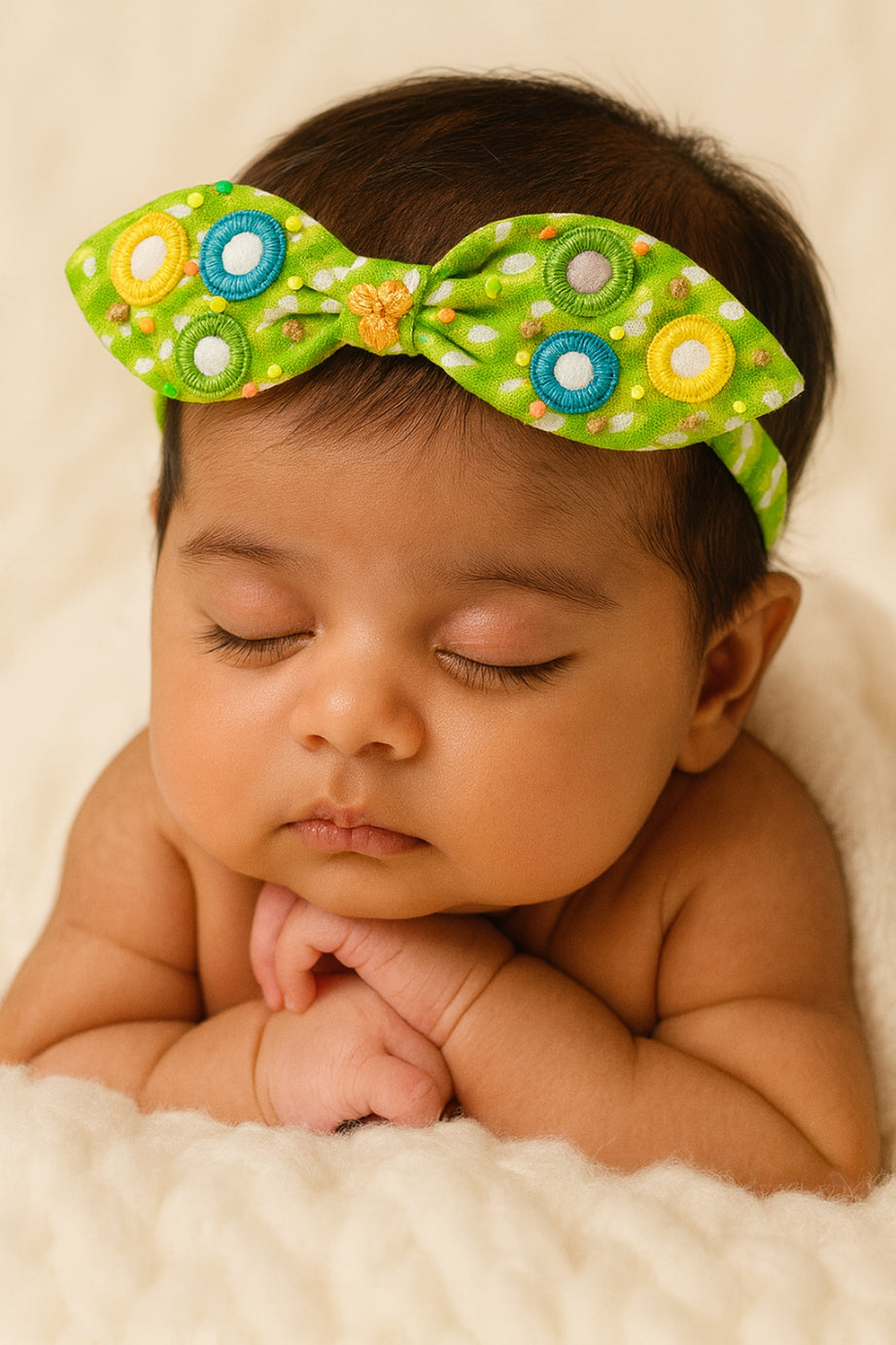 Choko Green Bow Hair Band for Girls with Multicolor Circular Embellishments, Festive & Fun Style