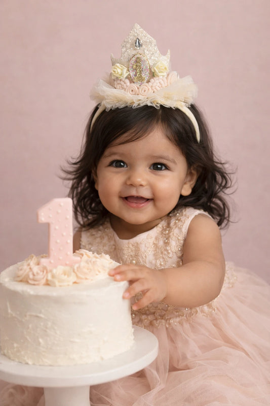 Baby Girl 1st Birthday Crown Hair Band - Cream Gold Floral | Choko - Choko
