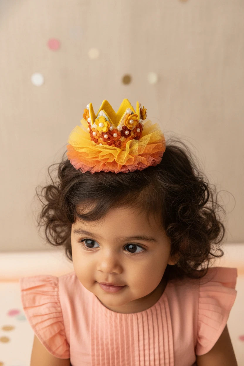 Baby Girl Birthday Floral Crown Hair Clip - Yellow Orange Pearl Bow | Choko - Choko