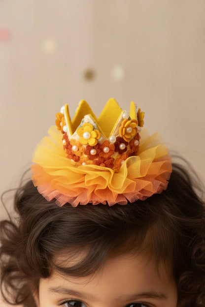 Baby Girl Birthday Floral Crown Hair Clip - Yellow Orange Pearl Bow | Choko - Choko