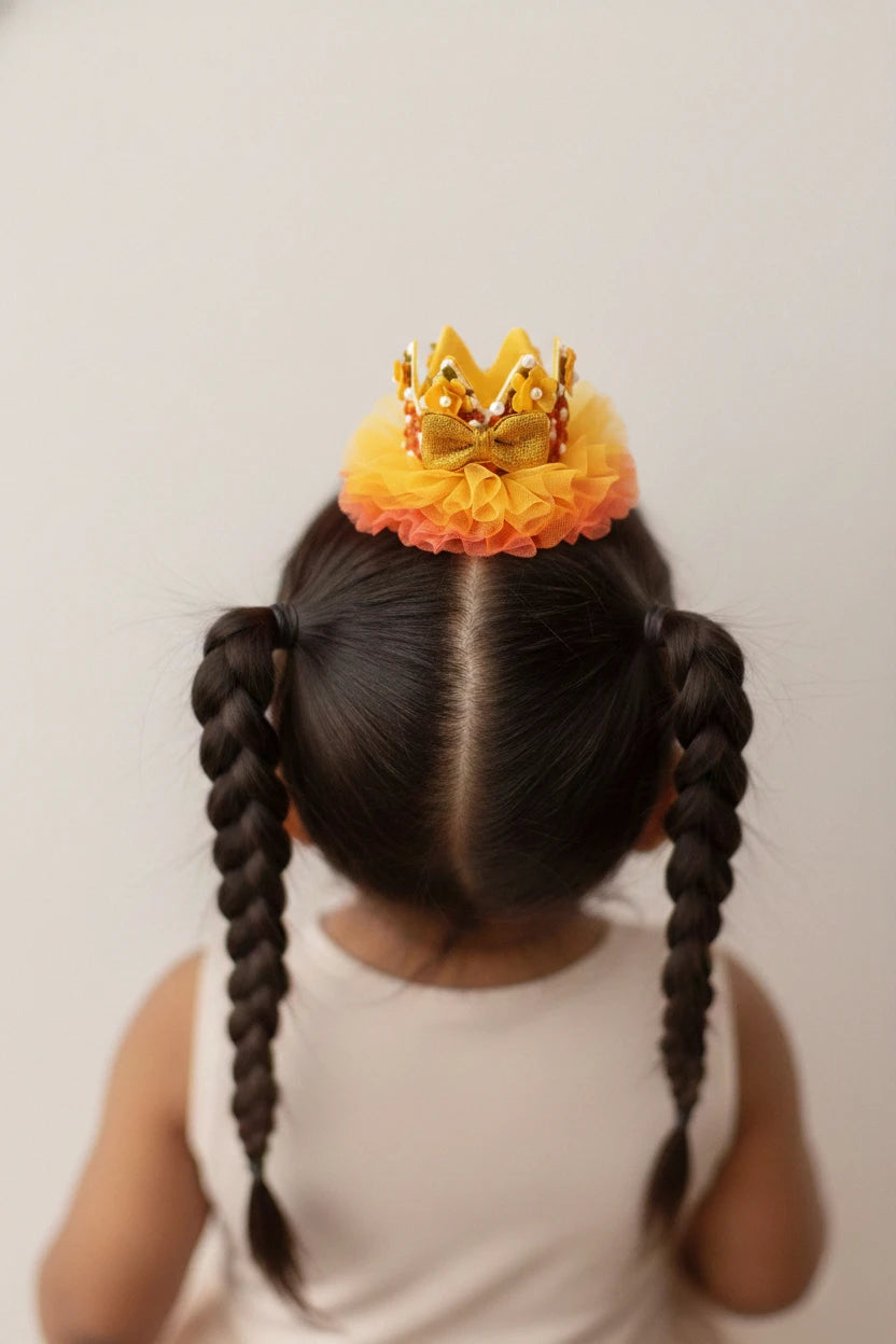 Baby Girl Birthday Floral Crown Hair Clip - Yellow Orange Pearl Bow | Choko - Choko
