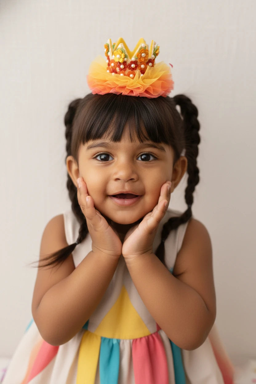 Baby Girl Birthday Floral Crown Hair Clip - Yellow Orange Pearl Bow | Choko - Choko