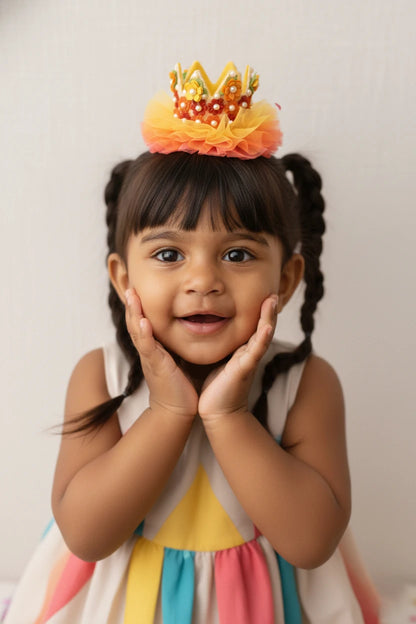 Baby Girl Birthday Floral Crown Hair Clip - Yellow Orange Pearl Bow | Choko - Choko