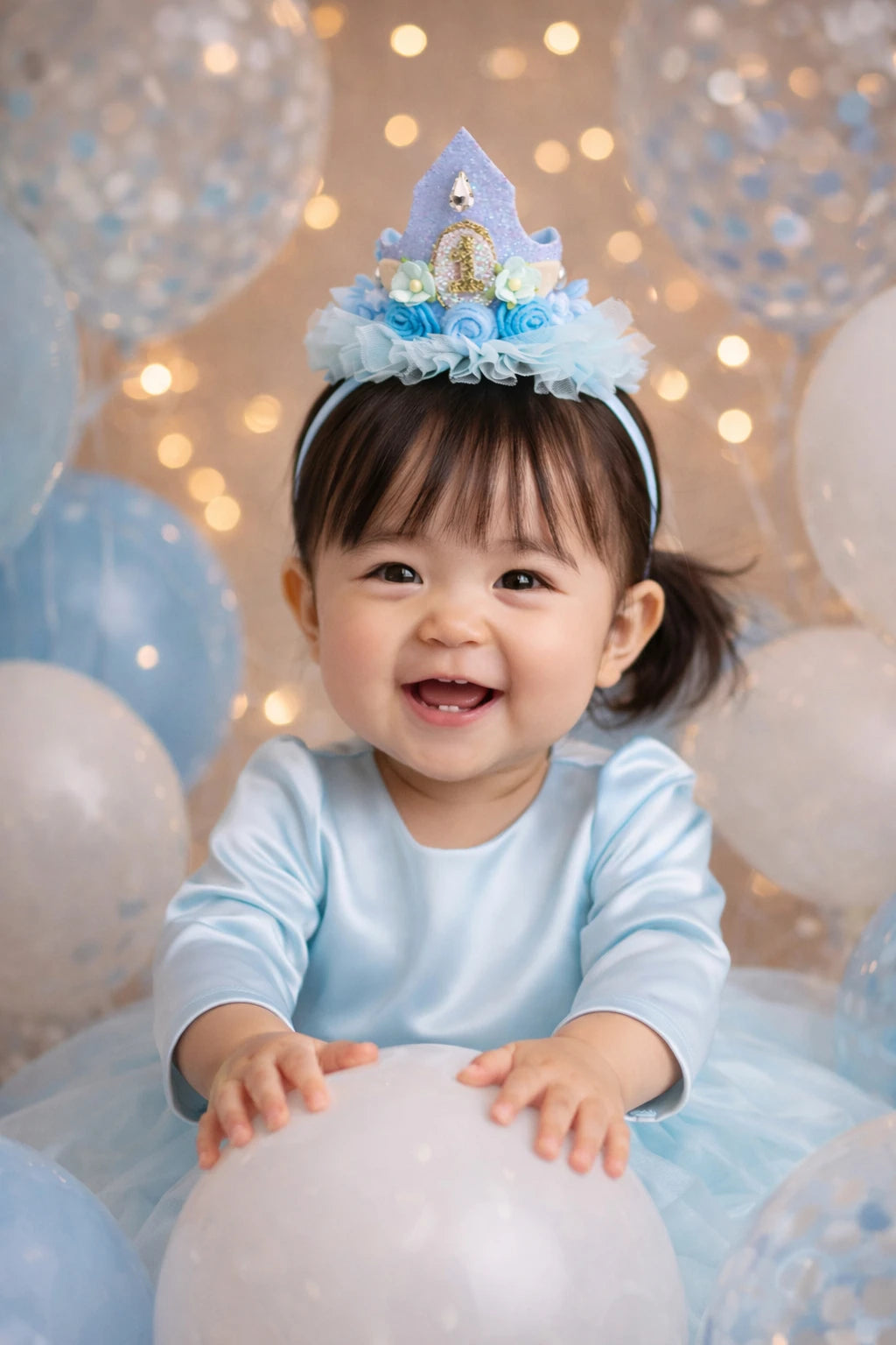 Baby Girl 1st Birthday Crown Hair Band - Blue Floral Tulle | Choko - Choko