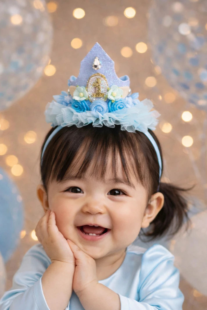 Baby Girl 1st Birthday Crown Hair Band - Blue Floral Tulle | Choko - Choko