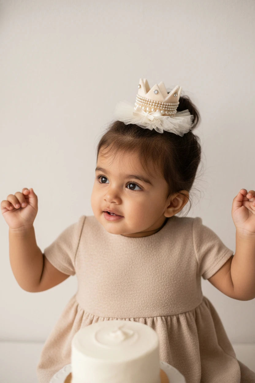 Baby Girl Birthday Crown Hair Clip - Beige Gold Rhinestone Pearl | Choko - Choko