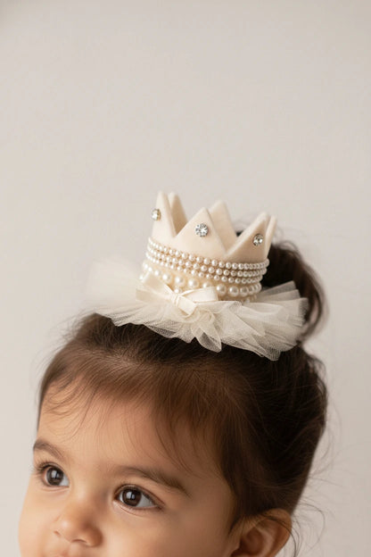 Baby Girl Birthday Crown Hair Clip - Beige Gold Rhinestone Pearl | Choko - Choko